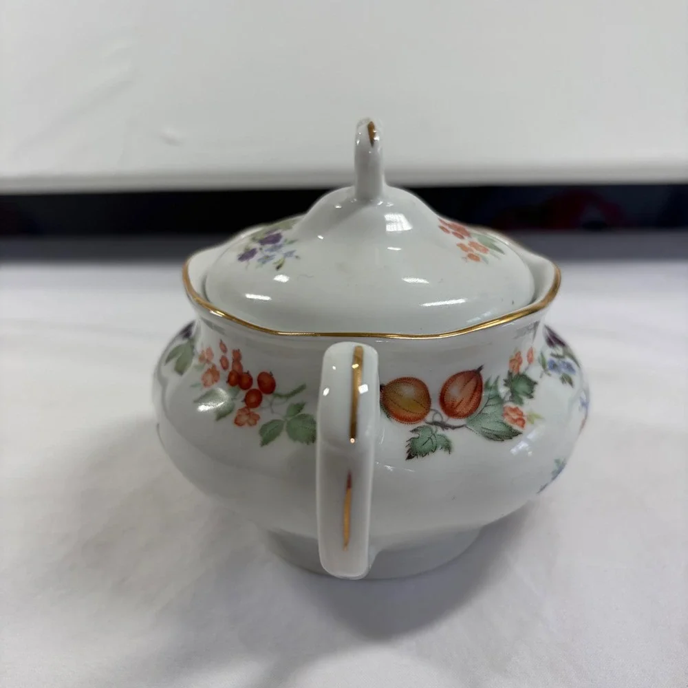 Karolina Poland Porcelain Sugar Bowl and Creamer Set Fruit Floral Gold Trim